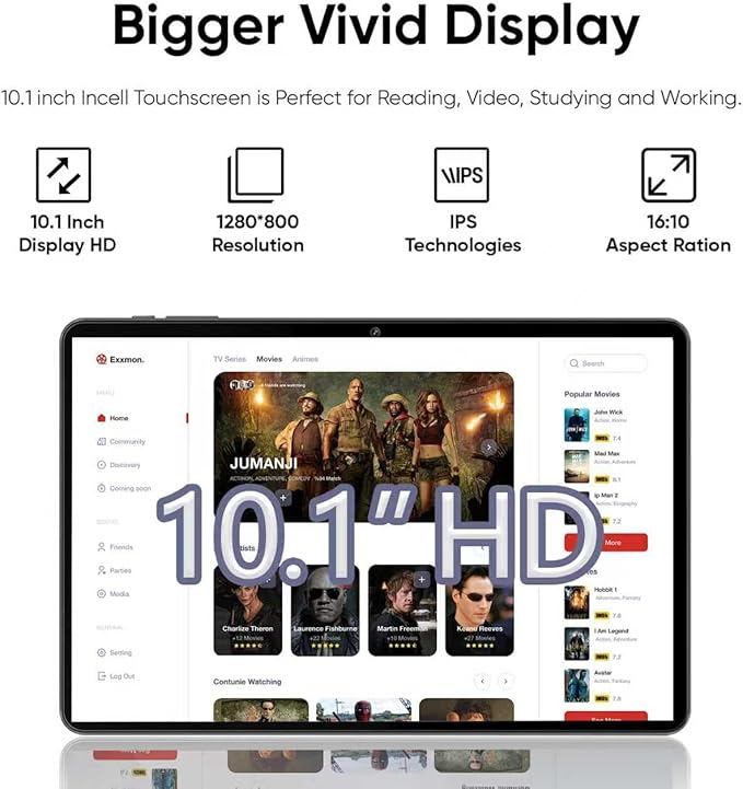 Tablet 10 inch Android Tablets, 6GB RAM 64GB ROM 1TB Expand, Quad-Core Processor, 1280x800 LCD Touch Screen, WiFi 4, Dual Camera, BT4.2, 6000mAh Battery (Black)
