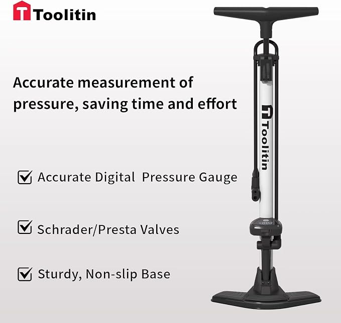 TOOLITIN Bike Pump with Precision Digital Pressure Gauge,Floor Bicycle Tire Pump Compatible with Presta and Schrader Valve, Air Pump for Bicycle, Balls, Scooter, etc.