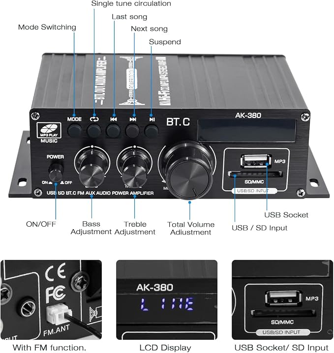 Hosyond Bluetooth 5.0 Audio Amplifier 400W+400W 2.0 CH AMP HiFi Stereo Treble Bass Audio Receiver for Passive Speakers Theater System AK-380