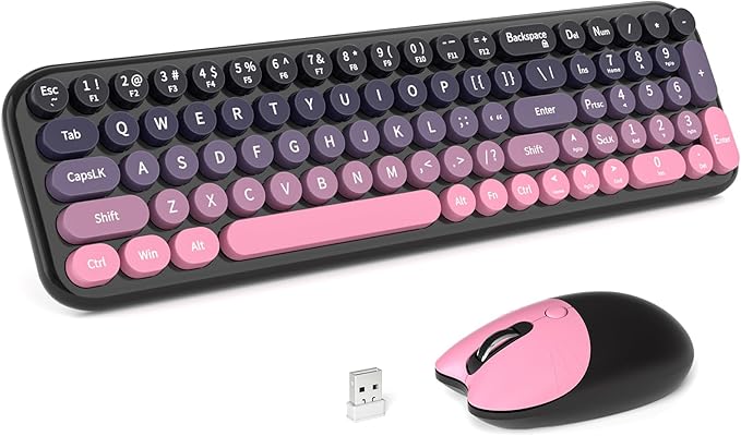 MOFII Wireless Keyboard and Mouse Combo, Compact Typewriter Retro Round Computer Keyboard and Mouse Set, Plug and Play, for Windows, Computer, Desktop, PC, Notebook - (Plum Pink Gradient)