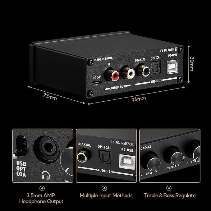 AIYIMA DAC-A2 Headphone Amplifier DAC with Bass Treble Controls PC-USB/Optical/Coaxial Inputs, RCA/3.5mm Headphone Ouput Digital to Analog Desktop Audio Converter DC 5V 24Bit 192kHz
