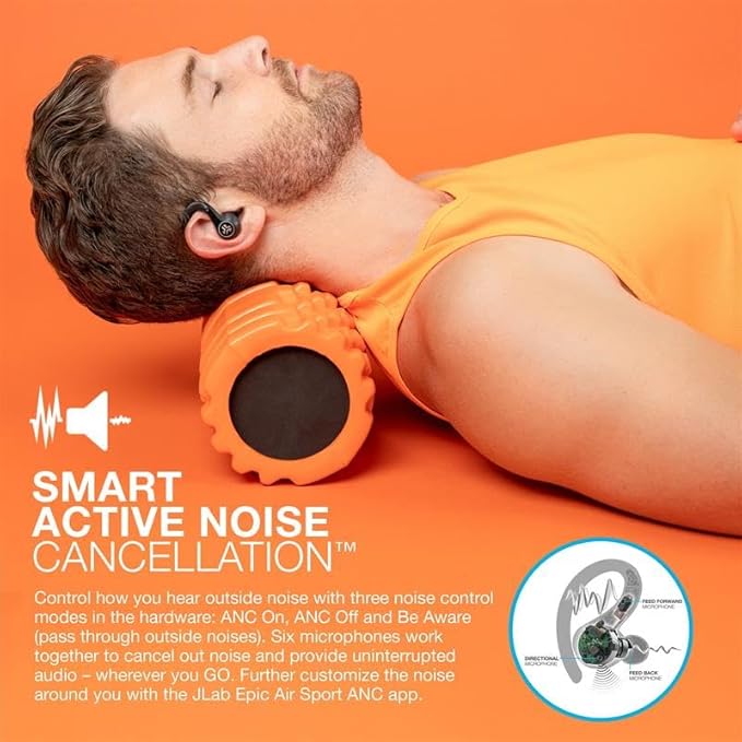 JLab Epic Air Sport ANC True Wireless Bluetooth 5 Earbuds, Headphones for Working Out, IP66 Sweatproof, 15-Hour Battery Life, 55-Hour Charging Case, Music Controls, 3 EQ Sound Settings