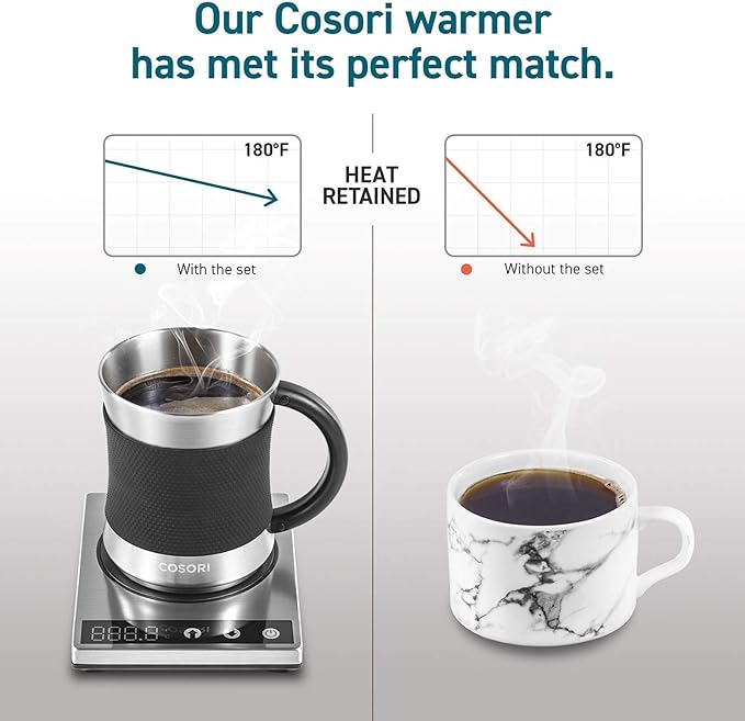 Cosori Coffee Mug Warmer & Mug Set for Desk, Cup Heater, Office, 1°F Precise Temperature Control, Touch Tech & LCD Digital Display (77-194℉), 304 Stainless Steel, Silver/Black