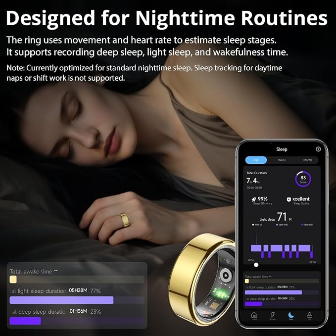 COLMI R02 Smart Ring, Smart Ring for Women and Men, No Subscription Fee, with a Charging Case, Supports Heart Rate, Blood Oxygen, Sleep Health Monitoring. (Gold, 7#)