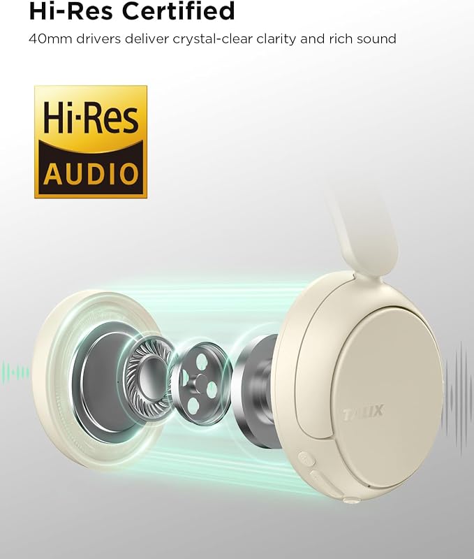 TALIX H30 Hybrid Active Noise Cancelling Headphones, 110H Playtime Hi-Res Audio Bluetooth 6.0 Wireless Over Ear ANC Headphones for Commute/Travel (Off-White)