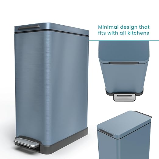Home Zone Living 12 Gallon Slim Kitchen Trash Can with Soft Close Lid, Step Pedal, Bag Tuck Band, and Removable Liner, Stainless Steel, Steel Blue