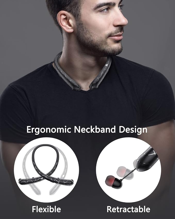 Bluetooth 5.3 Neckband Bluetooth Headphones, Sweat-Resistant Noise Canceling Stereo, Retractable Headphones for Music, Conference, Videos, Fitness, Travel, Online Classes
