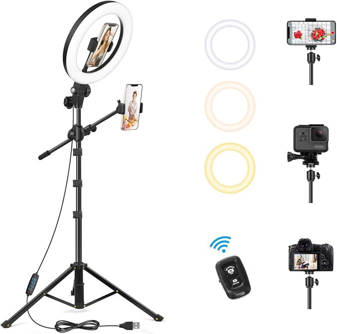 LUXSURE Ring Light with 62'' Tripod Stand for Video Recording, 10.5'' Ring Light Tripod for iPhone with 2 Shooting Positions, Overhead Phone Mount for YouTube, Makeup, Cooking