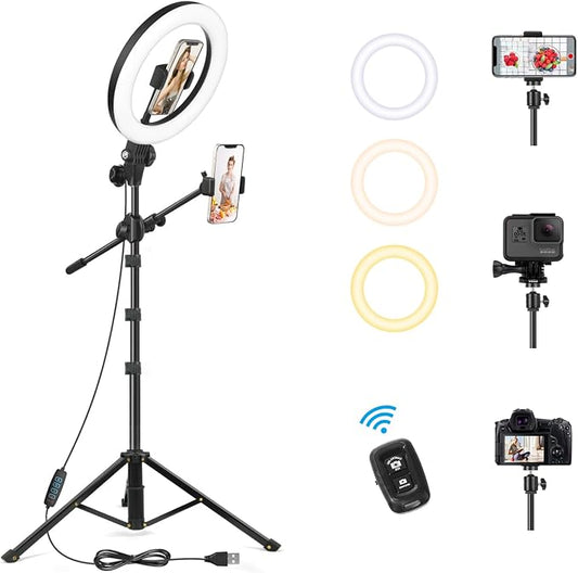 LUXSURE Ring Light with 62'' Tripod Stand for Video Recording, 10.5'' Ring Light Tripod for iPhone with 2 Shooting Positions, Overhead Phone Mount for YouTube, Makeup, Cooking