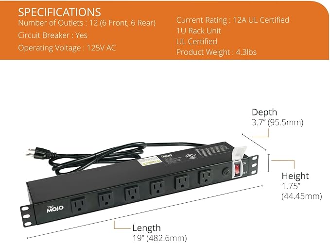 Tecmojo 1U Rackmount Network-Grade PDU, 12 Wide-Spaced Right Angle Outlets, Circuit Breaker 12A (UL Certified 12A) 6ft Cord w/ 5-15P Plug, Black