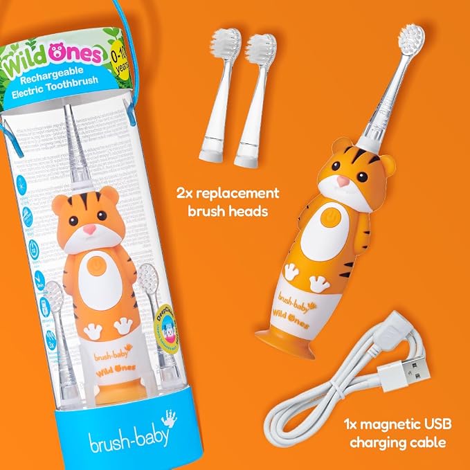 BrushBaby - WildOnes - Kids Rechargeable Electric Toothbrush, Ages 0-10 - Tiger Design with Flashing Lights - DeepClean Bristles for Superior Cleaning - 2 Replacement Brush Heads, 1 USB Cable
