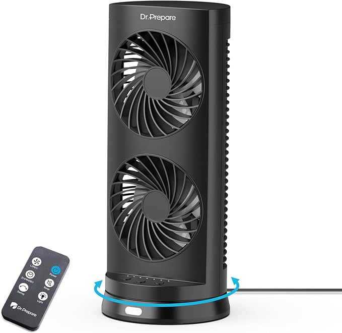 DR.PREPARE Desk Fan USB DC Tower Cooling Fan with Remote Control, DC Motor Portable Oscillating Fan, 3 Speeds, Dual Air Circulation, 110° Oscillation, Table Fan for Bedroom Dorm Room Office Desktop