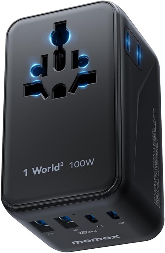 MOMAX Universal Travel Adapter 100W GaN, 6-in-1 International Power Adapter with Dual AC, 2 USB-C PD Fast Charging, 2 USB-A QC, Travel Adapter for Laptop, Europe UK AU US, Travel Essentials