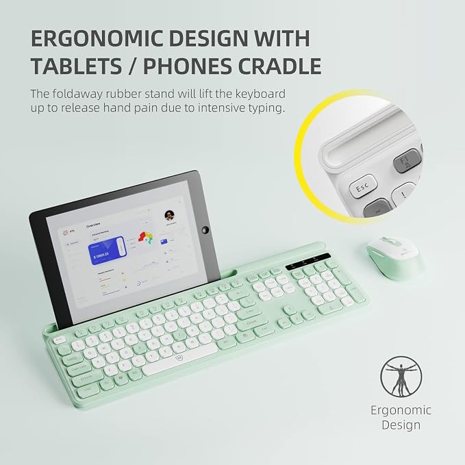 Wireless Keyboard and Mouse Combo,2.4G Ergonomic Keyboard with Foldable Stand and Phone Tablet Holder, Silent Mouse with Adjustable DPI, Compatible with Windows, Mac OS and Linux (KM-239W-WHGN)