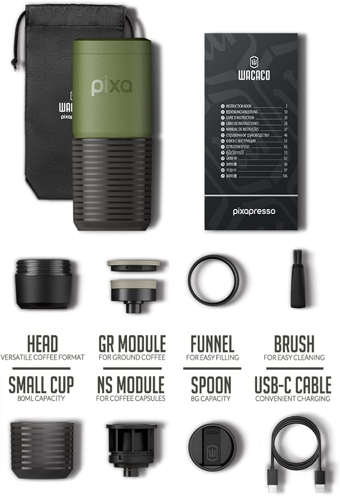 WACACO PIXAPRESSO, Coffee Machine Electric & Portable, With 4 Coffee Types & Fast Heat-Up, 3 * 3000mAh Battery, 20 Bar Portable Espresso Maker For Ground Coffee & NS Capsule, Olive Green