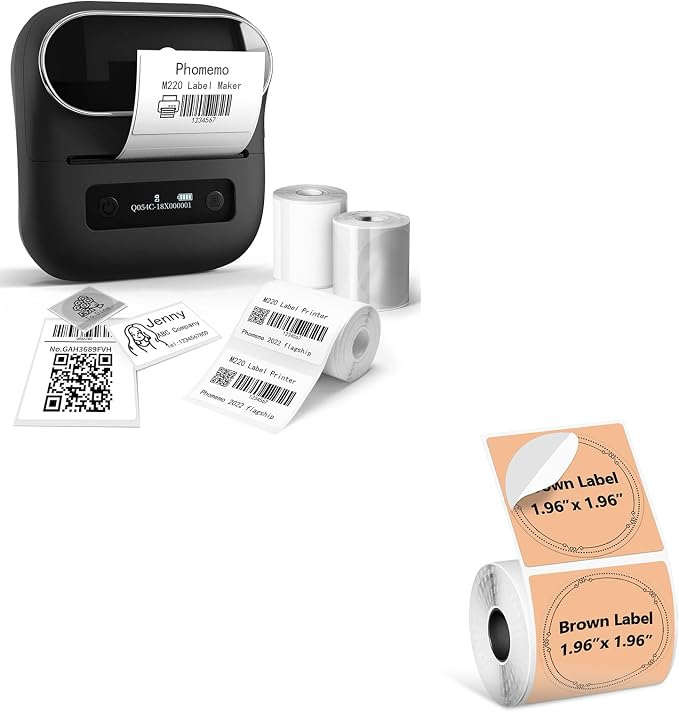 Phomemo M220 Label Maker & 1 Roll Brown Thermal Labels, 1.96" x 1.96"(50x50mm)