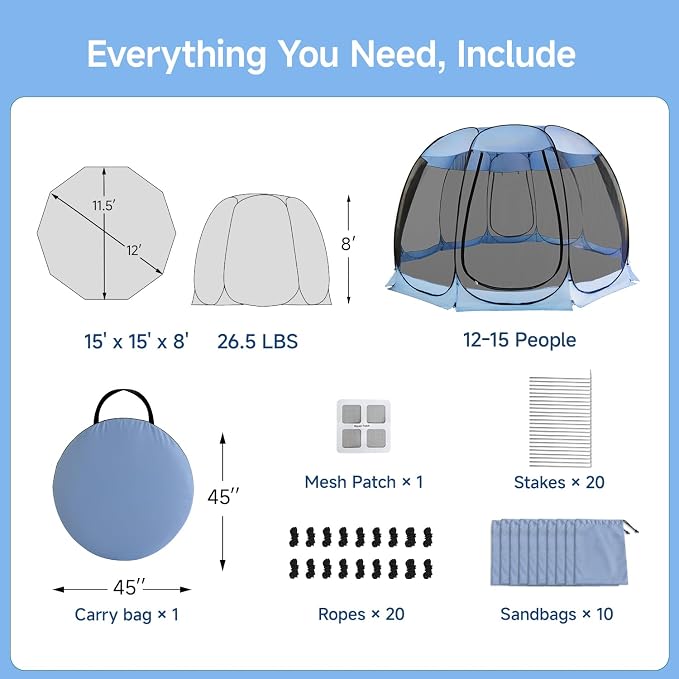 Alvantor Pop Up Screen House Tent, Instant Outdoor Gazebo with Mosquito Netting & UPF 50+ Sun Protection, Portable Canopy Shelter for Patio, Backyard, Camping (2-10 Person)