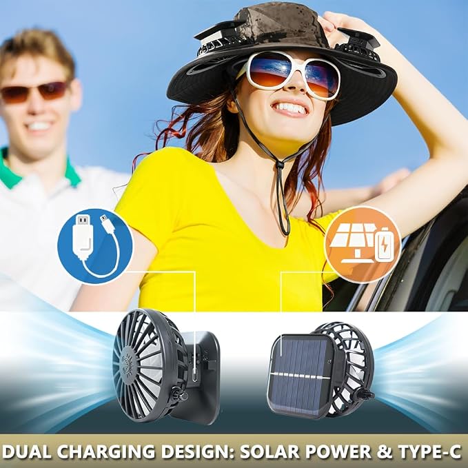 Solar Fan Hat Rechargeable 2Detachable Solar Fans,Water-Repellent Wide Brim Bucket Hat, Outdoor Camping Hiking Golf Sun Hat