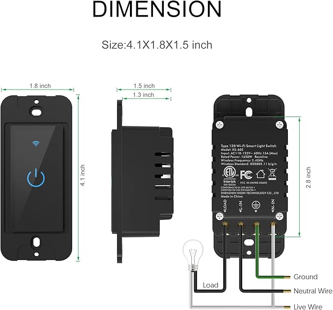 Smart Light Switch 2.4GHz WiFi Light Switch Compatible with Alexa and Google Home, Single Pole, Needs Neutral Wire (Black)