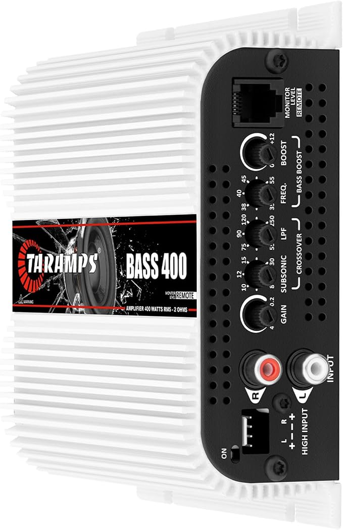 Taramps Bass 400 2 Ohms Monoblock Amplifier 400 Watts Rms 1 Channel 14.4VDC Out Power Full Range, Great for Sub/Bass - Rca/High Level Input, Car Audio