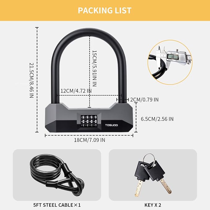 Bike Locks Heavy Duty Anti Theft, 18mm Bicycle Combo U Lock, 4-Digit Resettable Combination Lock with 5FT Steel Cable and Bracket, for Electric Scooter, Ebike, Motorcycle (Gray) (Black)