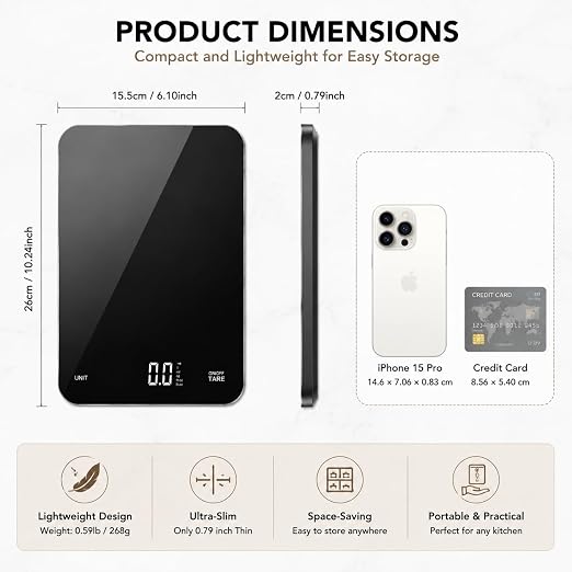 Rechargeable Digital Kitchen Scale, 5kg/0.1g High Precision Food Scale, Ultra Slim & Tempered Glass Platform, Tare & 4 Unit Modes, Perfect for Baking & Cooking