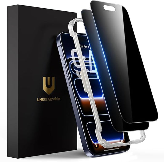 UNBREAKcable Privacy Screen Protector for iPhone 17 Pro, Shatterproof Tempered Glass [True 28°Anti Spy] [9H Hardness] [Easy Installation Frame] Private Protector for iPhone 6.3inch-2 Pack