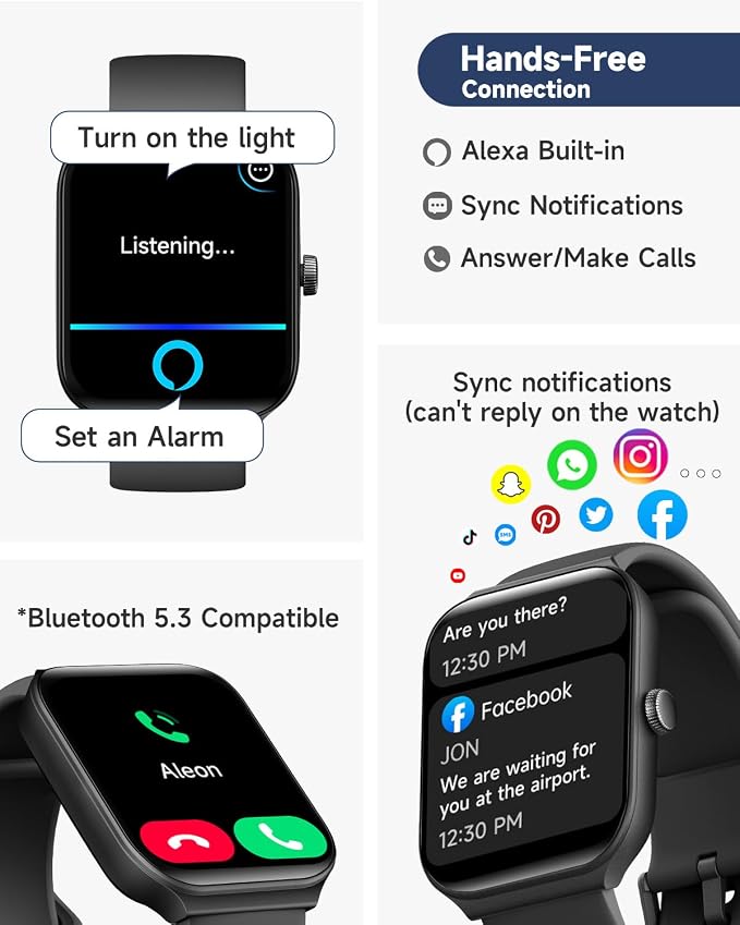 TOOBUR Smart Watch for Men Women Alexa Built-in, 1.95" Fitness Tracker with Answer/Make Calls, IP68 Waterproof/Heart Rate/Sleep Tracker/100 Sports, Fitness Watch Compatible Android iOS
