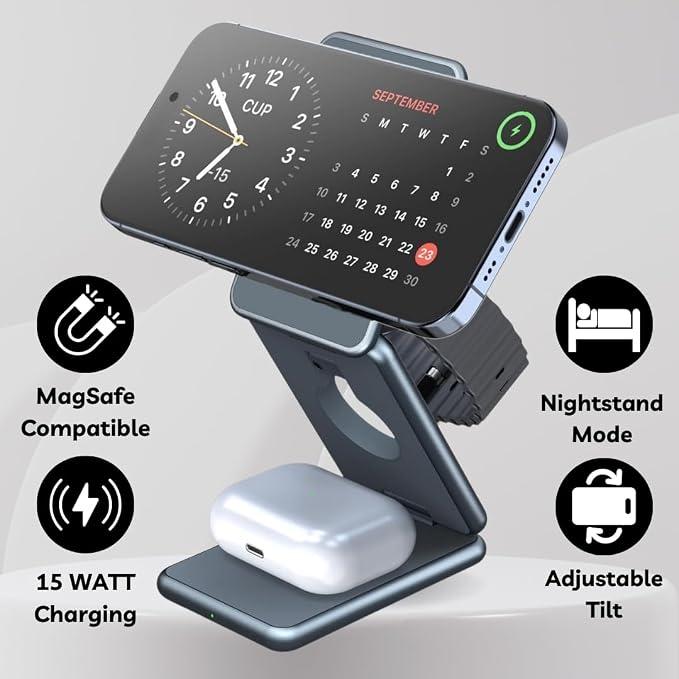 3 in 1 Nightstand Wireless Charger Compatible with iPhone, AirPod and Apple Watch Ultra 3, 2, 1 - Fast Wireless Charger Compatible with MagSafe and Night Stand Mode