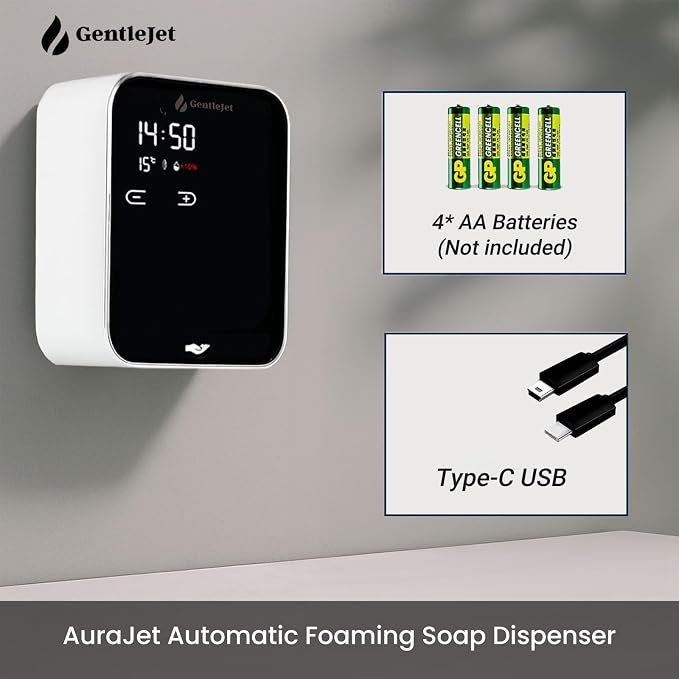 GentleJet AuraJet Automatic Foaming Soap Dispenser Wall Mount – Touchless Sensor, LED Display, 5 Foam Levels, Rechargable USB-C or Battery Powered, Aluminum Alloy, 480 ml Refillable