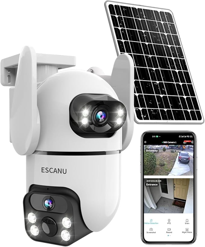 Dual Lens Security Cameras Wireless Outdoor for Home Security, 2K Ultra HD Resolution, 2.4GHz WiFi, 2-Way Audio, Color Night Vision, Motion Detection, PTZ 360 Coverage, No Monthly Fee, IP65 Waterproof