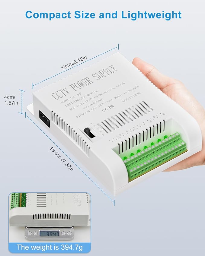 ALITOVE Security Camera CCTV Power Supply 12 Volt 16 Channel Power Distribution Box 10A 120W DC Voltage Adjustable 12V 13.5V 15V AC Adapter 100-240V 50-60Hz for DVR NVR Camera, LED Strip Light