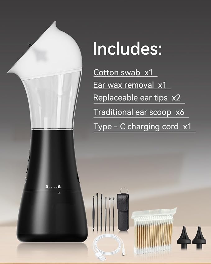 Electric Ear Wax Removal Kit with Integrated Waste Tank, Safe Water Ear Cleaner with Temperature Sensor, 4 Pressure Modes for Varying Earwax Levels – Effective Smart Ear Cleaning for Family Use