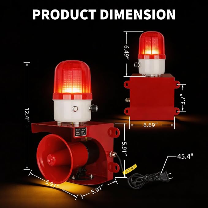 AC110V Industrial Siren Alarm Strobe Light-120dB Loud Horn&Waterproof Red Beacon Warning Light for Emergency,Factory,Fires,Tornado,Intruder Deterrent (AC110V Red Light (Switch,0-120dB))