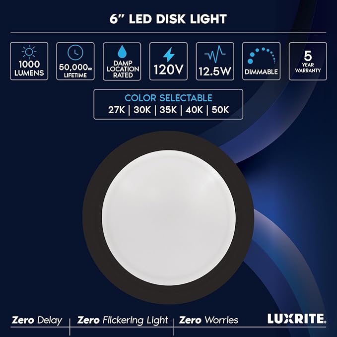 LUXRITE 6 Inch LED Disk Lights, Dimmable Flush Mount Ceiling Light, 5CCT Selectable 2700K 3000K 3500K 4000K 5000K, 12.5W, 1000LM (Black, 4 Count (Pack of 1))