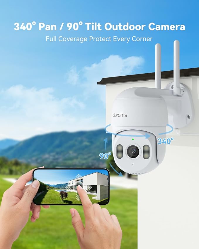 blurams 2Pack Security Cameras Outdoor Wired, 2K 360° PTZ Outdoor Security Camera, Weatherproof, 24/7 Recording with SD Card, Color Night Vision, AI Human Tracking, 2.4/5GHz WiFi6, Work with Alexa