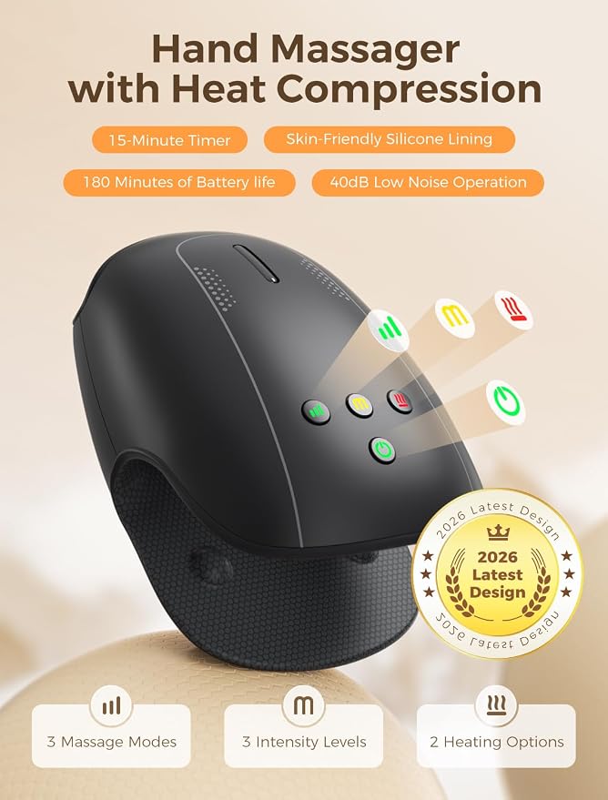 Estefanlo Hand Massager with Heat and Compression, Cordless Hand Massager for Arthritis Pain Relief, 3 Modes Air Compression Finger Massage Device, 2 Heat Levels, Washable Silicone Liner, Black