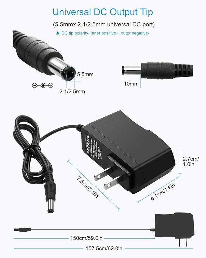 ALITOVE DC 12V 1A Power Supply 12W AC Adapter 100~240V 50-60hz to 12 Volt 1Amp 0.5A Transformer DC 12V Power Cord 5.5 x 2.5mm 2.1mm Plug for LED Strip Light CCTV Security Camera and More