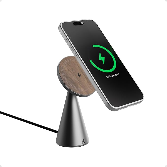 Black Walnut Wood and Aluminum Wireless Charger | Magnetic Charging Stand for iPhone, Compatible with MagSafe