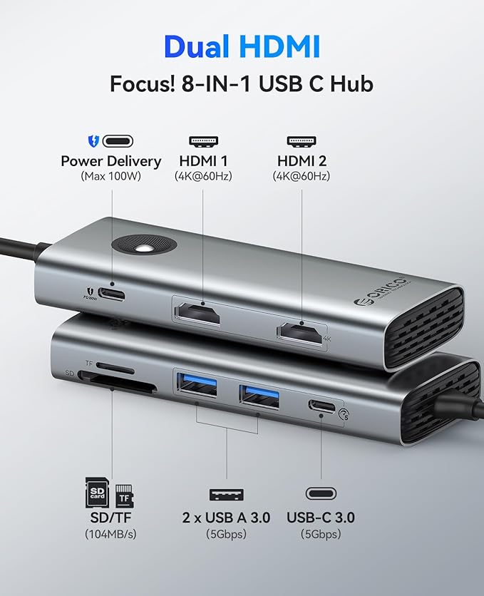 ORICO USB C Docking Station Dual Monitor, 8-in-1 Laptop Docking Station with 2 HDMI 4K@60Hz, 100W PD, USB-A&C 3.0, SD/TF, USB C Dock Compatible with MackBook/Dell XPS/HP/Surface