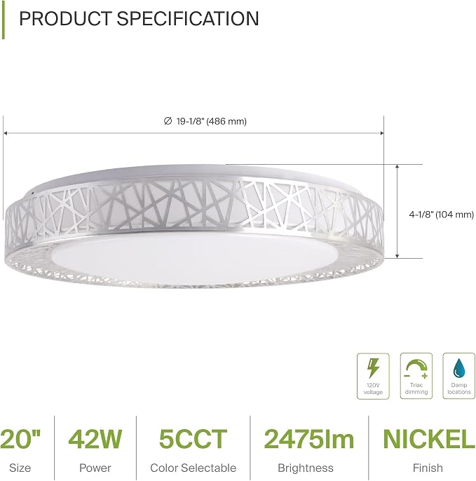 ASD 20 Inch LED Flush Mount Ceiling Light Fixture for Bedroom, 42W 2474LM 5CCT 2700K-5000K, Dimmable Lights, Dining, Living Room, Kitchen Lamps, Modern Home Lighting Fixtures, Nickel, ETL, 2 Pack