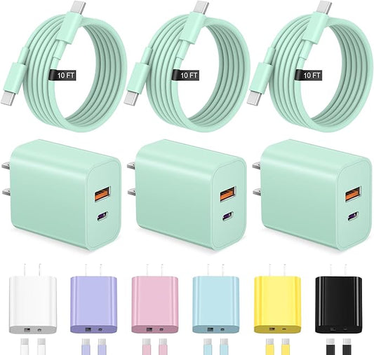 iPhone 17 16 15 Charger Fast Charging 10FT Long USB C Charger Cable with 20W Dual Port Block - Type C Charging Cable Compatible with iPhone 17/17 Pro/17 Pro Max/17 Air, 16/16e, 15, 3 Pack (Green)