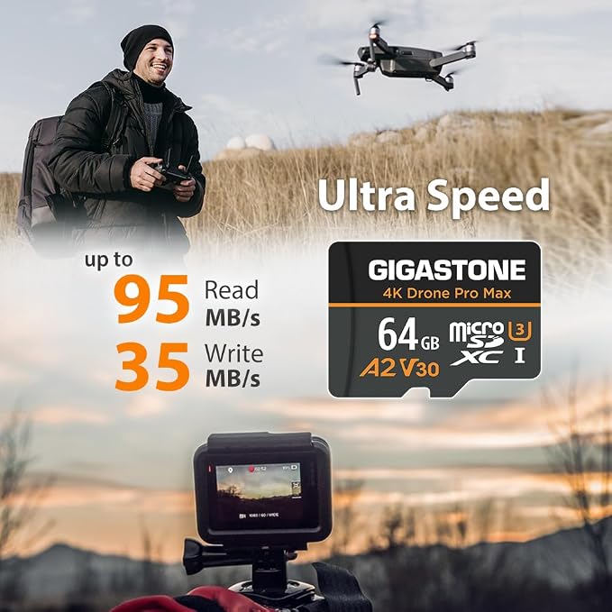 【5-Years Data Recovery】【Designed for Drone】GIGASTONE 64GB Micro SD Card, 4K Drone Pro Max, A2 V30 for DJI Drone, Gopro, 4K UHD Video Recording, R/W up to 95/35 MB/s, UHS-I U3 C10 Class 10 with Adapter