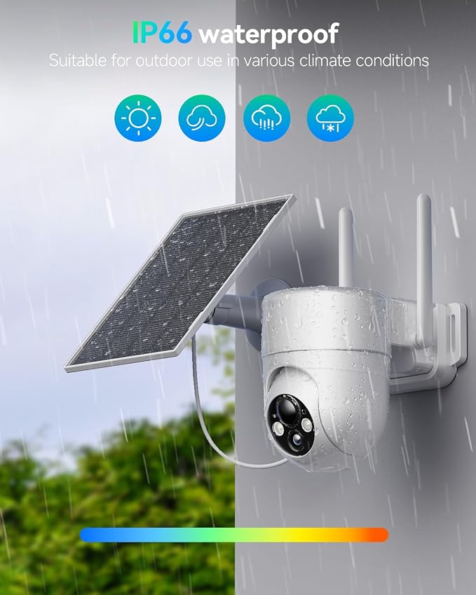 LIWAN Solar Camera Outdoor Wireless, 2.4G WiFi Security Cameras for Home Security, Surveillance Camera Outside with Solar Panel, 2K Color Night Vision, 360°PTZ, PIR Detection, 2-Way Talk