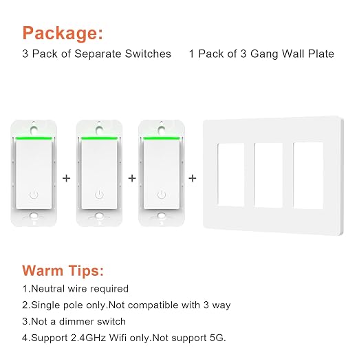 Milfra 3 Gang Smart Light Switch, 2.4GHz WiFi, Alexa & Google Assistant Compatible, Single-Pole, Requires Neutral Wire