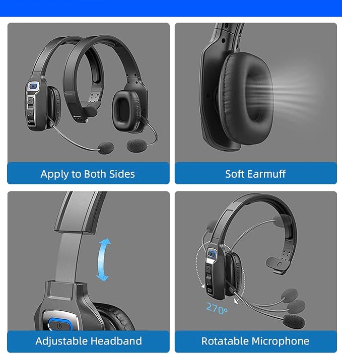 Bluetooth Headset with Microphone,Noise Cancelling with Mute Button, Very Strong Wireless Range, All-Day Comfort On Ear Headphones 60 Hrs Working time for Trucker/Work/PC/Call Center/Meeting/Office