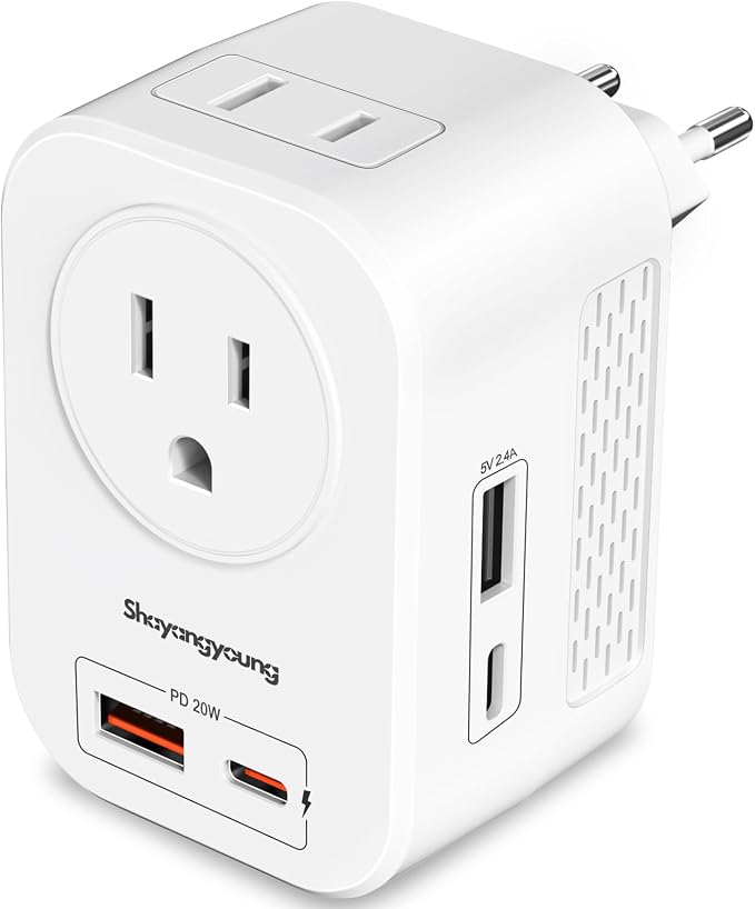 220 to 110 Voltage Converter US to Europe, Power Converter for Europe,Converter for European Travel with 20W PD,2 Type-C Port 2 USB-A,Power Plug Combo for Germ Italy Spain Greece-White