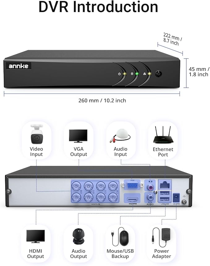 ANNKE 3K Lite H.265+ Security DVR Recorder with AI Human/Vehicle Detection,Hybrid 5-in-1 CCTV DVR for Surveillance Camera, Supports 8CH Analog and 2CH IP Cameras, Remote Access (No Hard Drive), Black