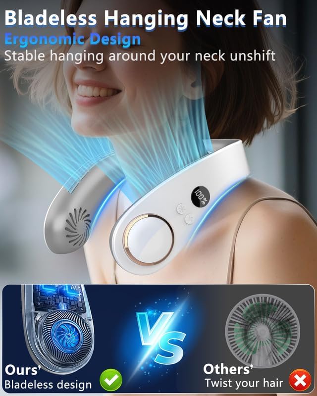Neck Fan with Cooling Plate,Portable Neck Fans that Blow Cold Air Rechargeable Battery Powered Air Conditioner,Bladeless Wraps Body Ac, Wear Around the Neck Coolers for Extremely Hot Weather White