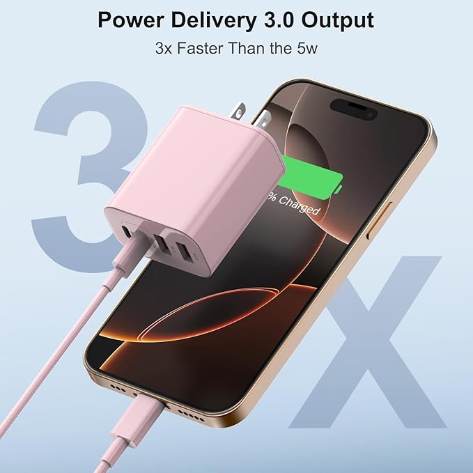 40W USB C Charger Block, iPhone 17 16 15 Charger Fast Charging,2-Pack 4-Port Fast Charging Block with 10FT Type C Cable Multiport Power Block for iPhone Air/iPhone17/16/15 Pro Max/iPad/Samsung(Pink)